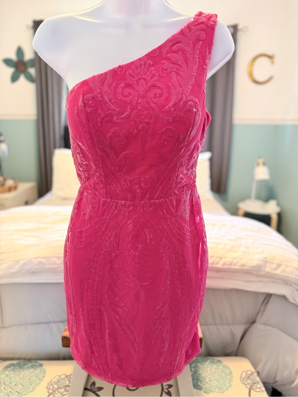One-Shoulder Hot Pink Embellished Cocktail Dress